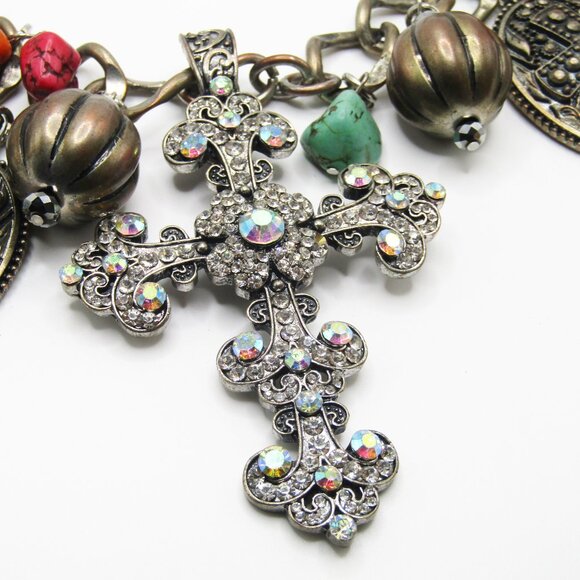 Gothic Charm Necklace Cross Turquoise Stones - Picture 2 of 4
